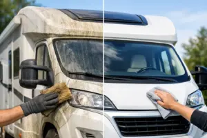 Wohnmobil-Komplettpflege: Vorher Nachher