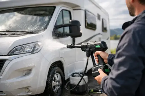 Wohnmobil unterwegs reinigen mit Akku-Hochdruckreiniger