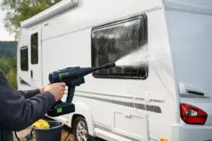 Wohnwagen unterwegs reinigen mit Akku-Hochdruckreiniger